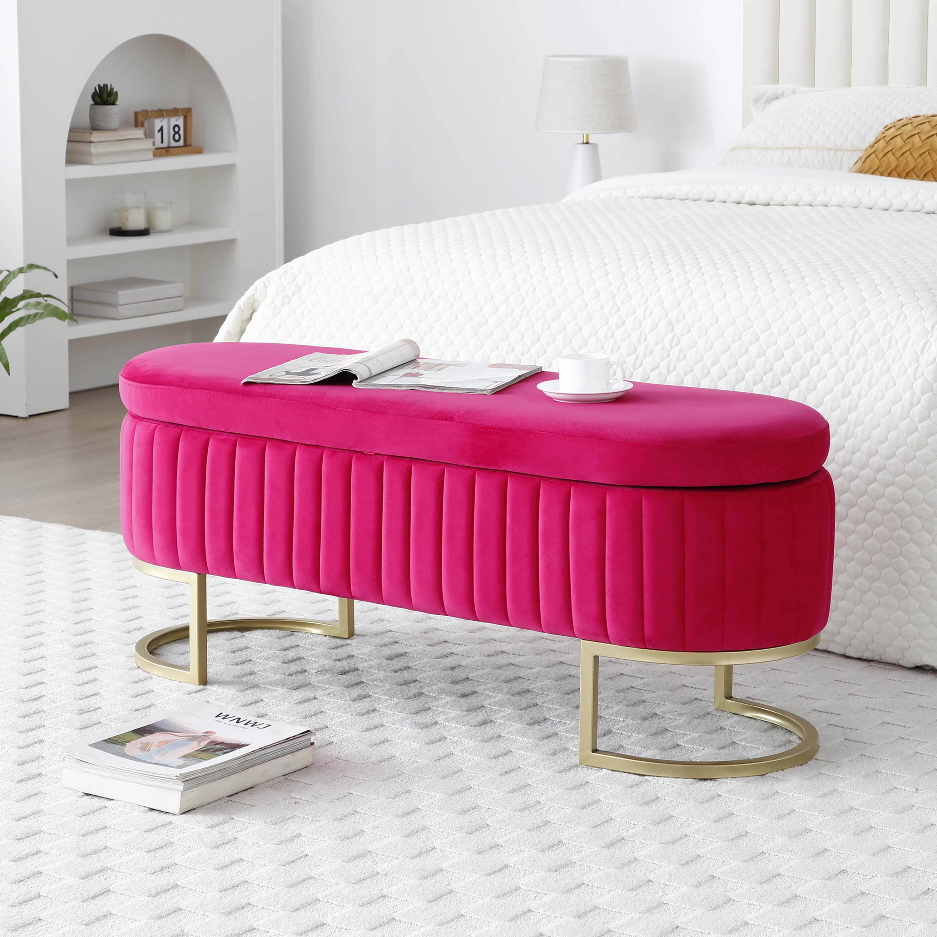 Everly Quinn Storage Bench Bedroom Bench, Velvet Oval Upholstered End